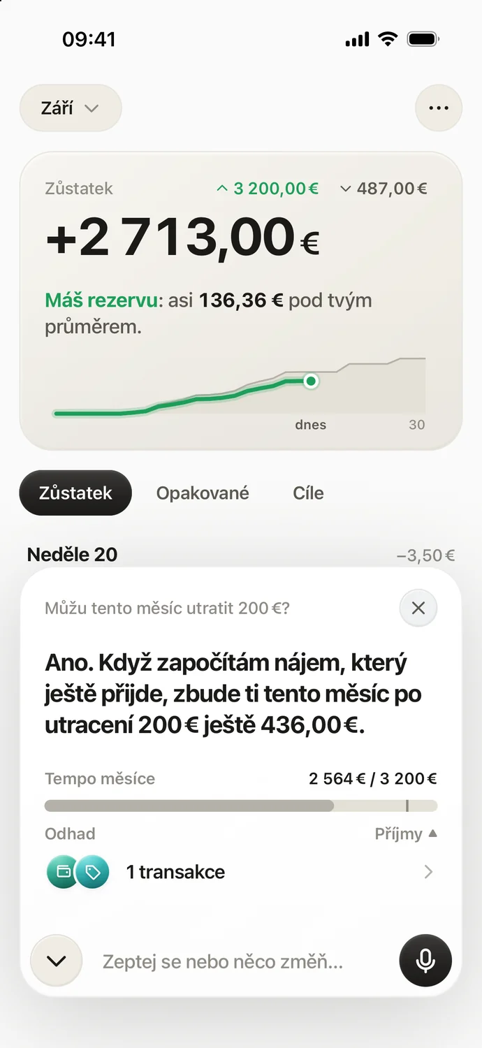 Odpověď asistenta: po utracení 200 € ti zbude 436 €