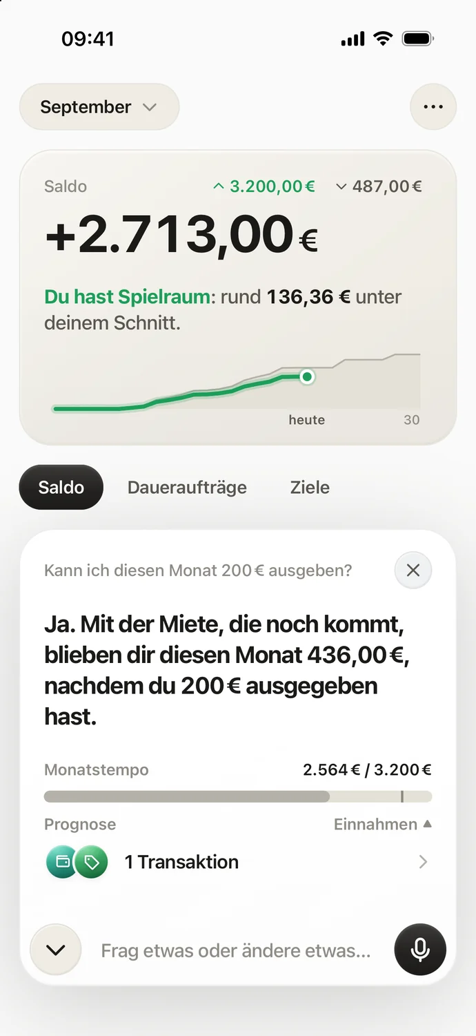 Antwort des Assistenten: Dir blieben 436 €, nachdem du 200 € ausgegeben hast