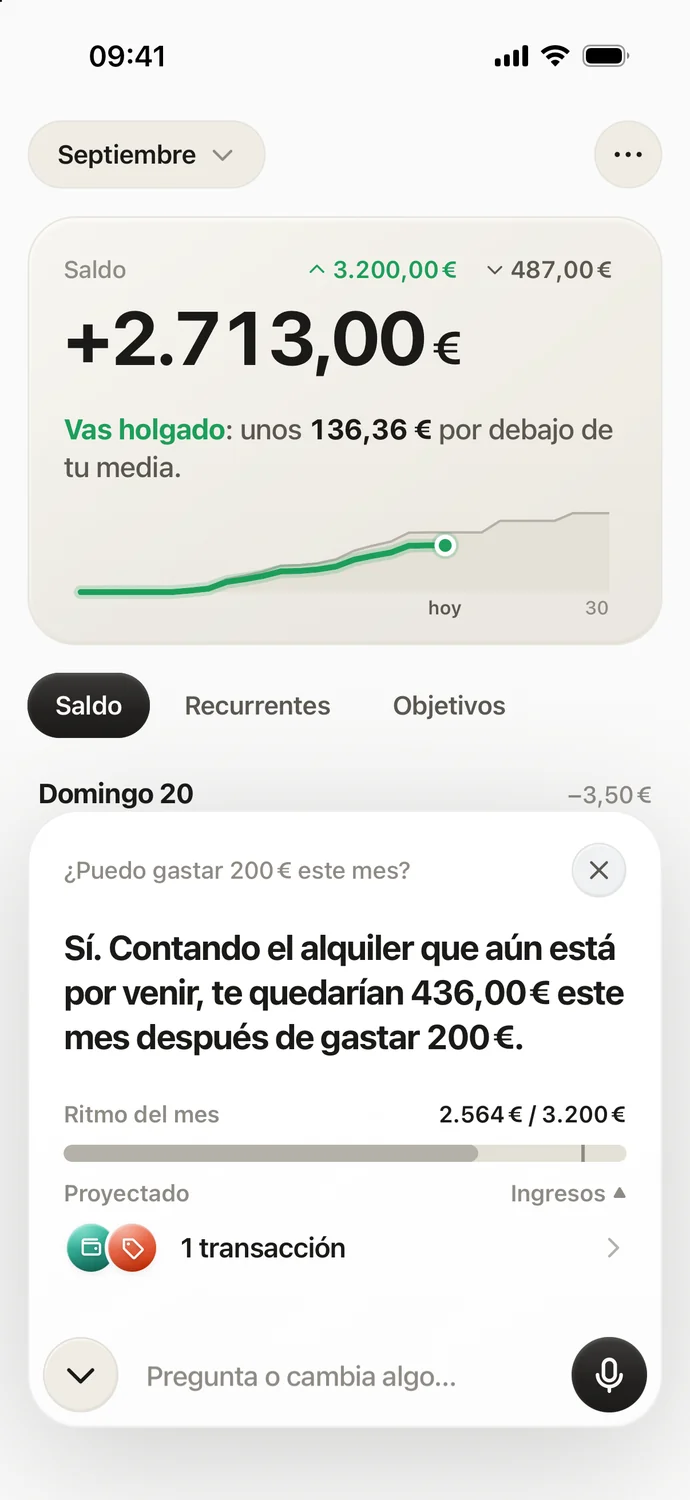 Respuesta del asistente: te quedarían 436 € después de gastar 200 €