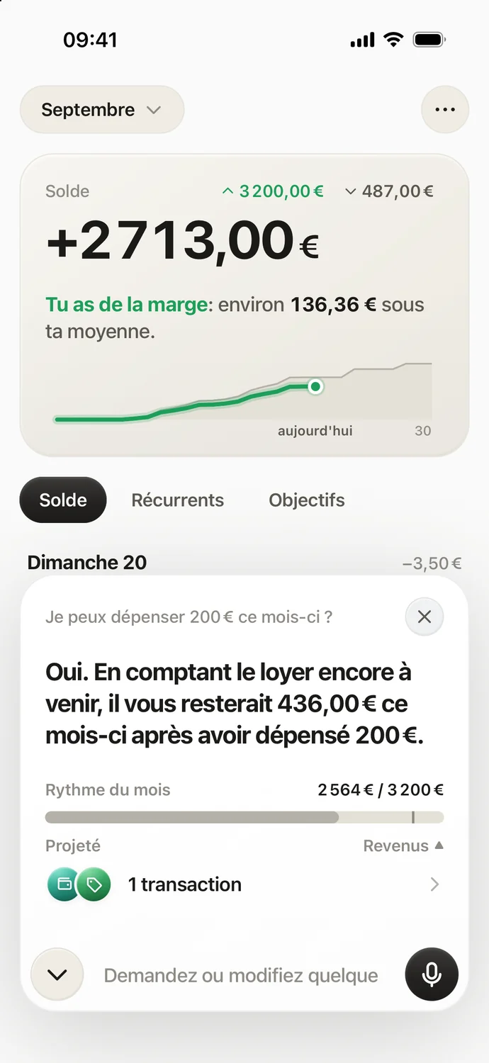 Réponse de l’assistant : il vous resterait 436 € après avoir dépensé 200 €
