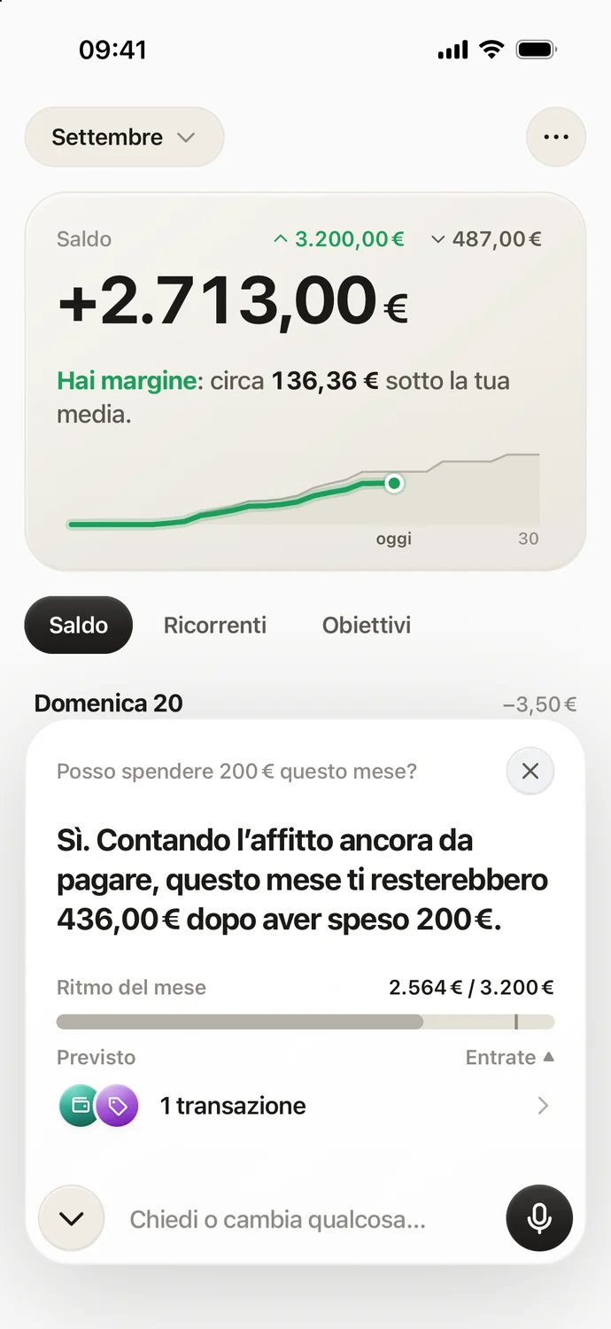 Risposta dell’assistente: ti resterebbero 436 € dopo aver speso 200 €