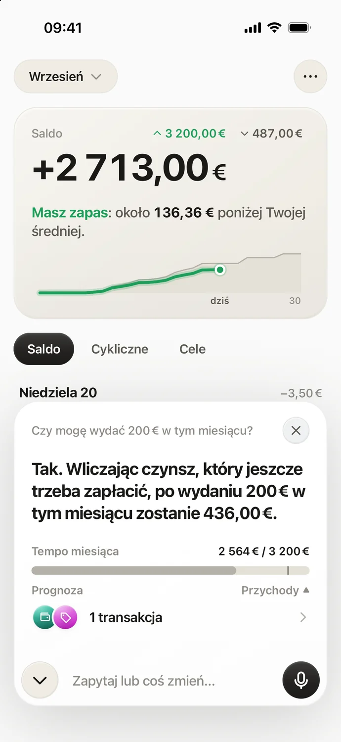 Odpowiedź asystenta: po wydaniu 200 € zostanie 436 €